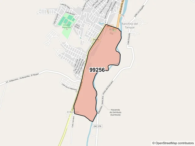 Mapa del código postal 99256, Valparaíso, Zacatecas