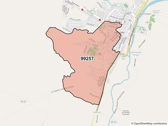 Mapa del código postal 99257, Valparaíso, Zacatecas