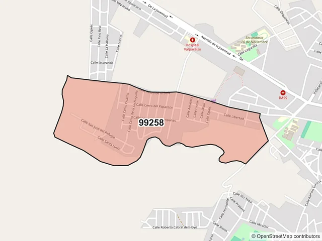 Mapa del código postal 99258, Valparaíso, Zacatecas