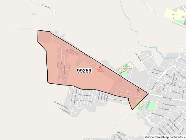 Mapa del código postal 99259, Valparaíso, Zacatecas