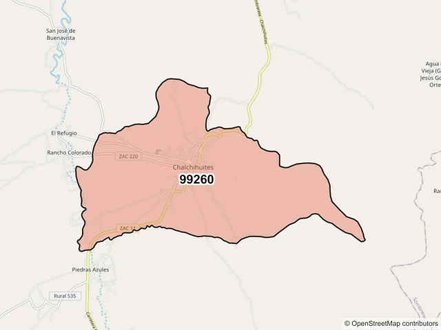 Mapa del código postal 99260, Chalchihuites, Zacatecas