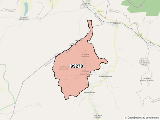 Mapa del código postal 99270, Chalchihuites, Zacatecas