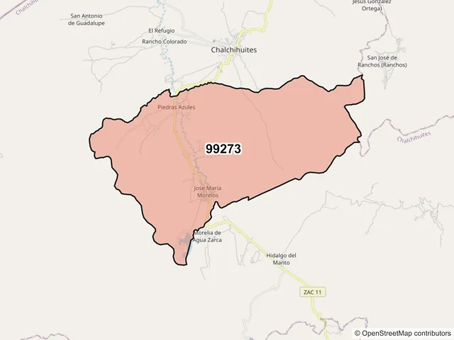 Mapa del código postal 99273, Chalchihuites, Zacatecas