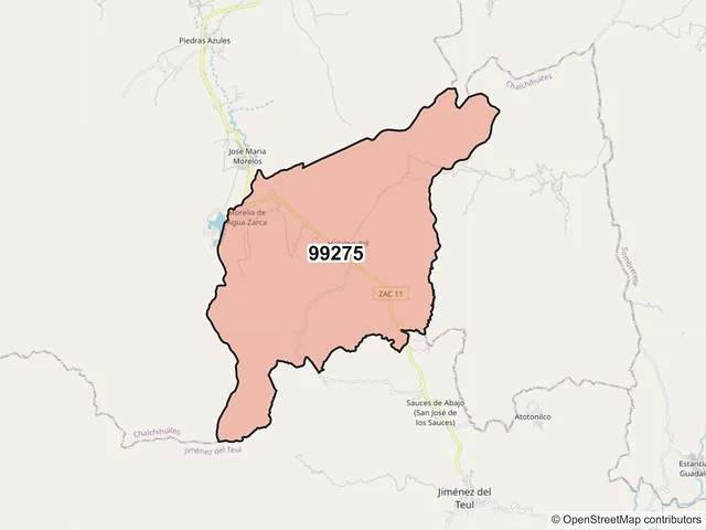 Mapa del código postal 99275, Chalchihuites, Zacatecas