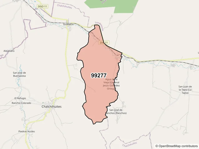Mapa del código postal 99277, Chalchihuites, Zacatecas