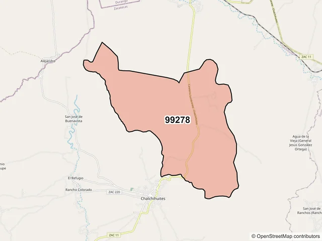 Mapa del código postal 99278, Chalchihuites, Zacatecas