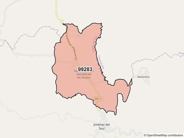 Mapa del código postal 99283, Jiménez del Teul, Zacatecas