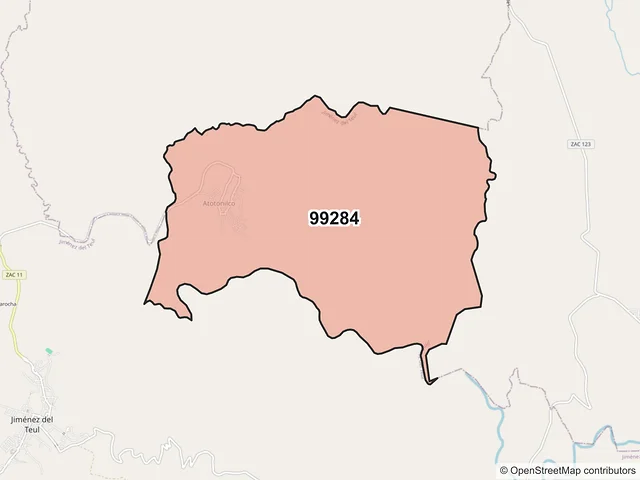 Mapa del código postal 99284, Jiménez del Teul, Zacatecas