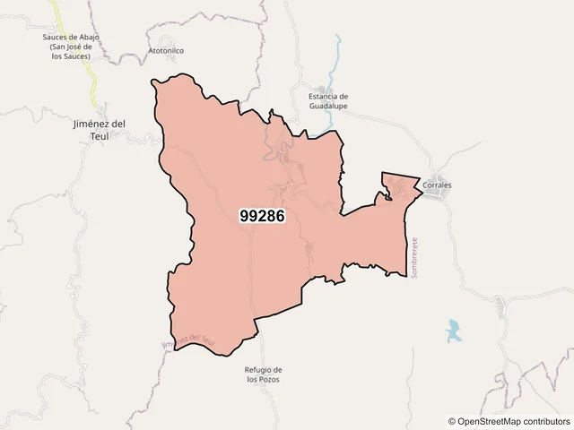 Mapa del código postal 99286, Jiménez del Teul, Zacatecas