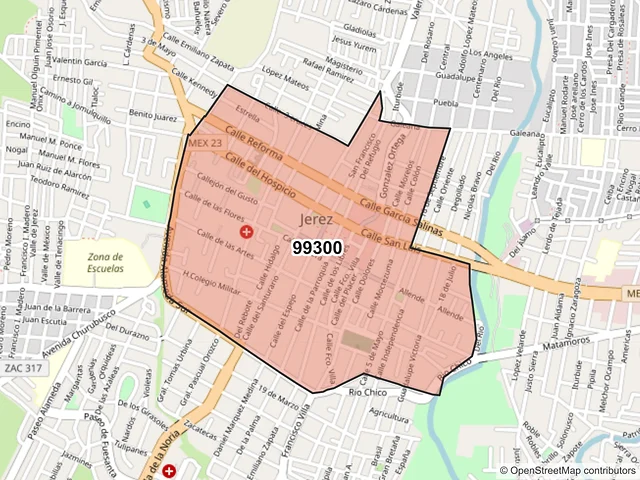 Mapa del código postal 99300, Jerez, Zacatecas