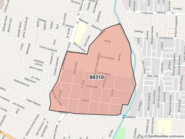 Mapa del código postal 99310, Jerez, Zacatecas