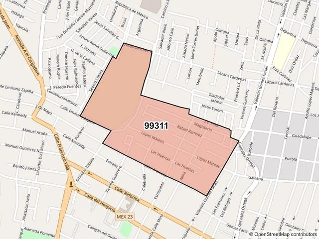 Mapa del código postal 99311, Jerez, Zacatecas