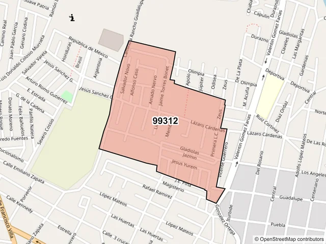 Mapa del código postal 99312, Jerez, Zacatecas