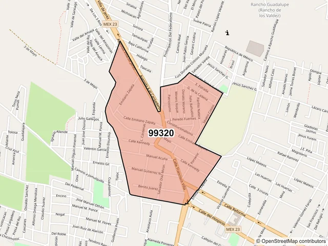 Mapa del código postal 99320, Jerez, Zacatecas
