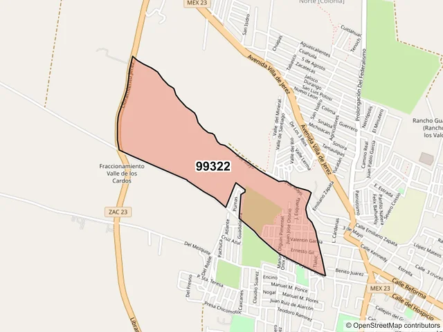 Mapa del código postal 99322, Jerez, Zacatecas
