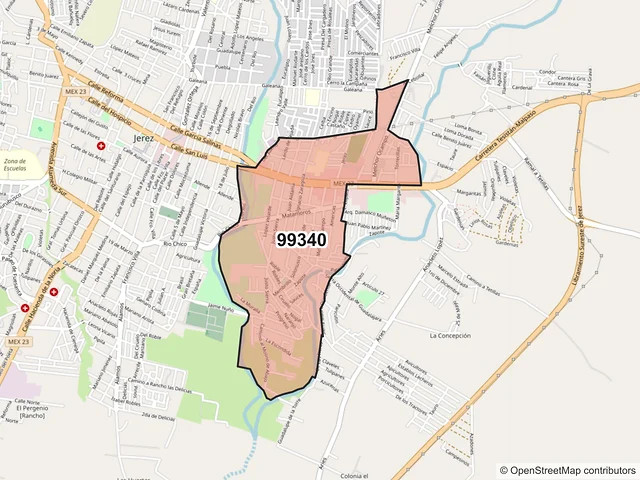 Mapa del código postal 99340, Jerez, Zacatecas