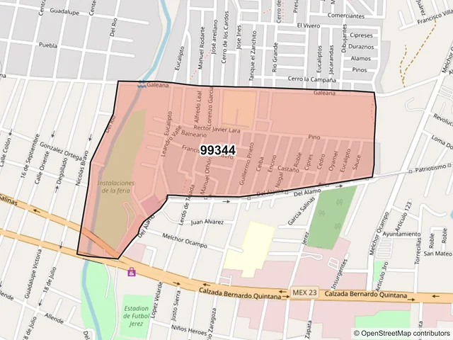 Mapa del código postal 99344, Jerez, Zacatecas