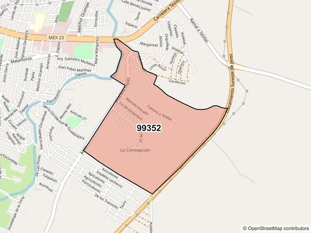 Mapa del código postal 99352, Jerez, Zacatecas