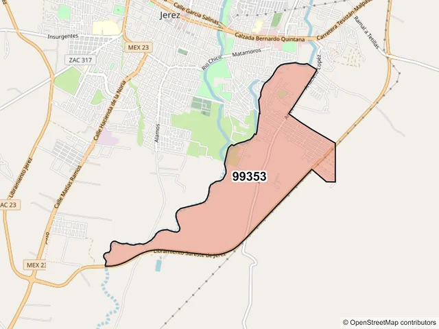 Mapa del código postal 99353, Jerez, Zacatecas