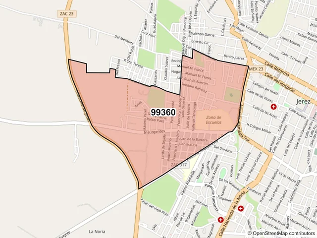 Mapa del código postal 99360, Jerez, Zacatecas