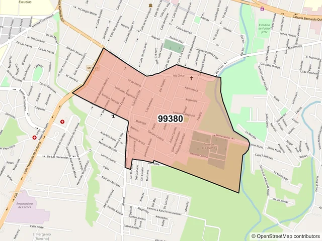 Mapa del código postal 99380, Jerez, Zacatecas