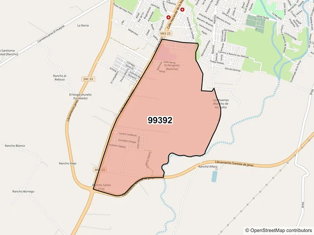 Mapa del código postal 99392, Jerez, Zacatecas