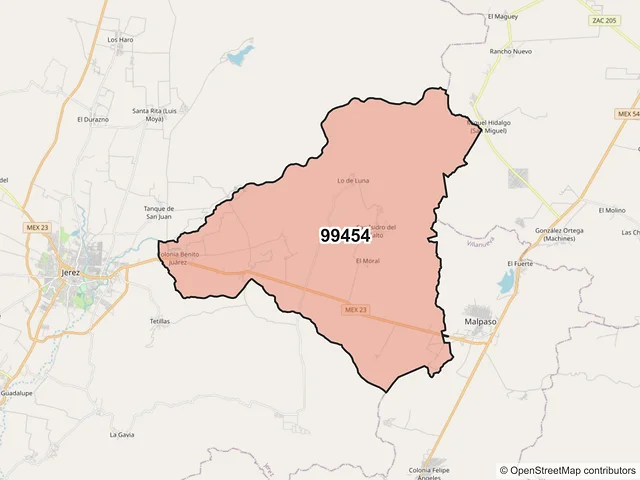 Mapa del código postal 99454, Jerez, Zacatecas