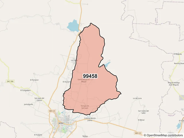 Mapa del código postal 99458, Jerez, Zacatecas