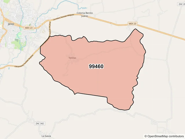 Mapa del código postal 99460, Jerez, Zacatecas