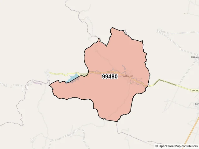 Mapa del código postal 99480, Susticacán, Zacatecas