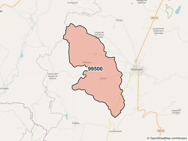 Mapa del código postal 99500, Villanueva, Zacatecas