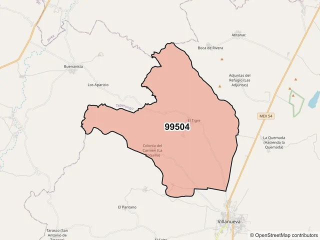 Mapa del código postal 99504, Villanueva, Zacatecas