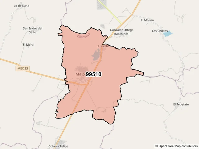 Mapa del código postal 99510, Villanueva, Zacatecas