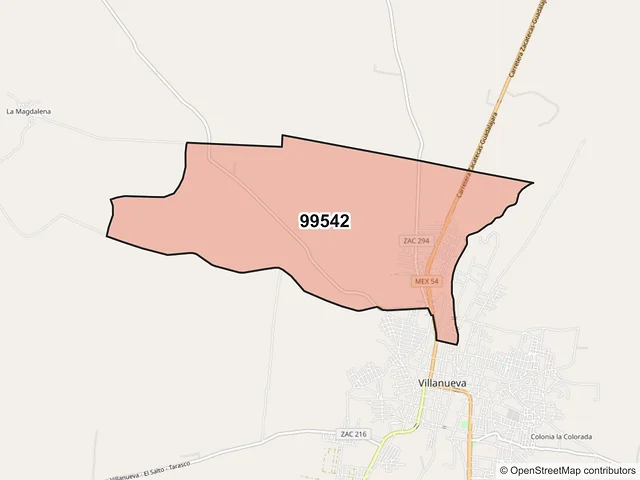 Mapa del código postal 99542, Villanueva, Zacatecas