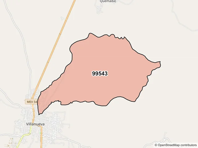 Mapa del código postal 99543, Villanueva, Zacatecas