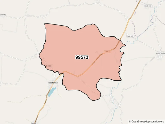 Mapa del código postal 99573, Tepetongo, Zacatecas