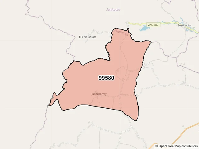 Mapa del código postal 99580, Tepetongo, Zacatecas