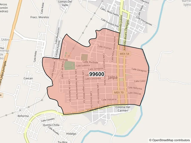Mapa del código postal 99600, Jalpa, Zacatecas
