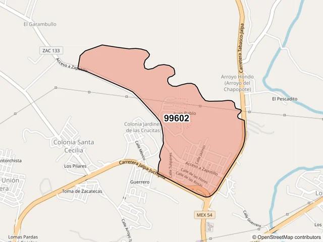 Mapa del código postal 99602, Jalpa, Zacatecas
