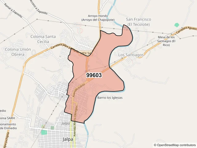 Mapa del código postal 99603, Jalpa, Zacatecas