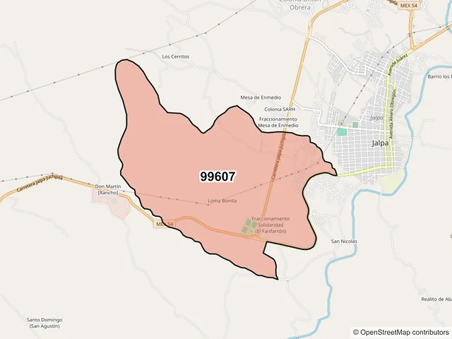 Mapa del código postal 99607, Jalpa, Zacatecas