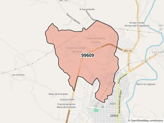 Mapa del código postal 99609, Jalpa, Zacatecas