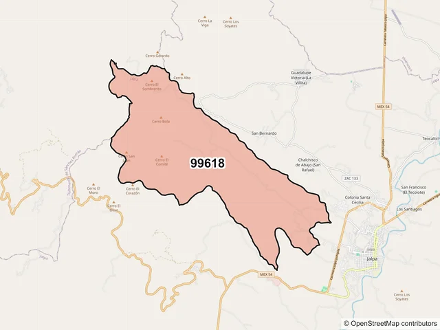 Mapa del código postal 99618, Jalpa, Zacatecas