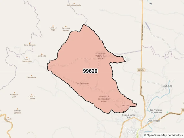 Mapa del código postal 99620, Jalpa, Zacatecas