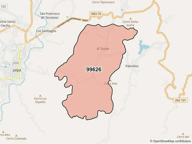 Mapa del código postal 99626, Jalpa, Zacatecas