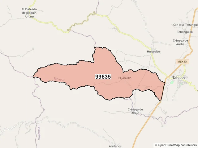 Mapa del código postal 99635, Tabasco, Zacatecas