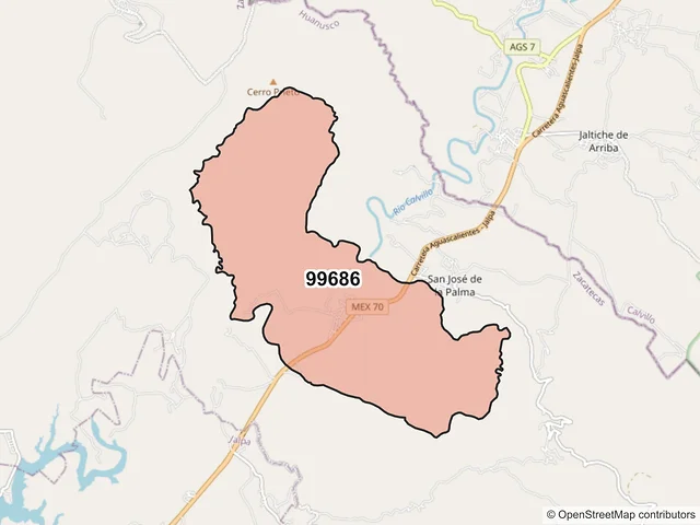 Mapa del código postal 99686, Huanusco, Zacatecas