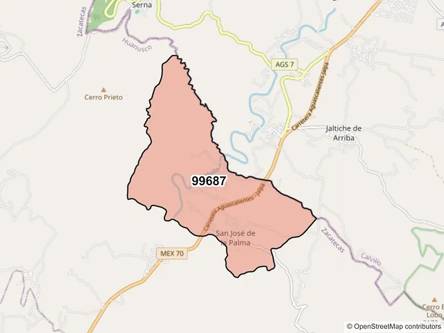 Mapa del código postal 99687, Huanusco, Zacatecas
