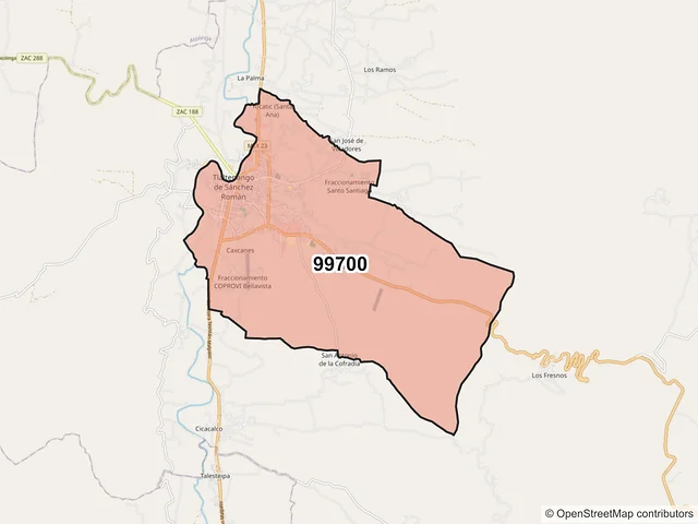 Mapa del código postal 99700, Tlaltenango de Sánchez Román, Zacatecas