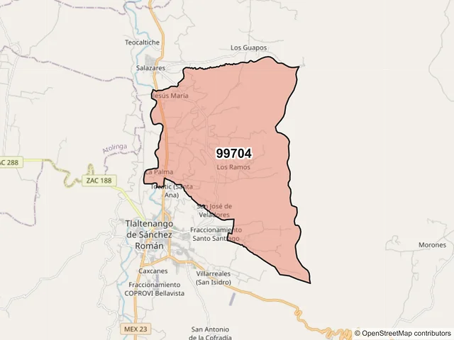 Mapa del código postal 99704, Tlaltenango de Sánchez Román, Zacatecas